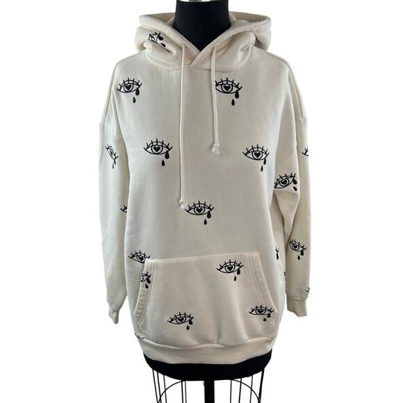 Forever 21 Tops - Forever 21 Eye Print Graphic Hoodie Sweatshirt Ivory Oversized Pullover Size M